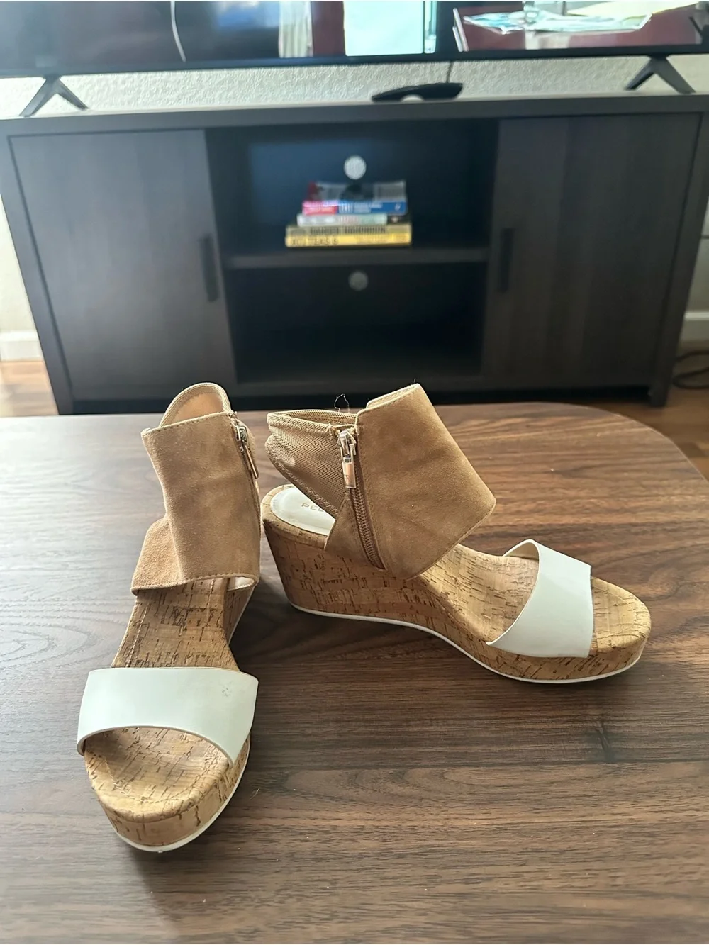 Pelle Moda Tan Suede and White Cork Wedge Heels Size 7